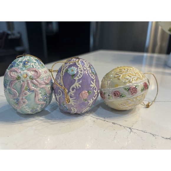 3- Vintage Floral Hand Painted Porcelain Egg Ornament Purple, Yellow, Green - Picture 1 of 5